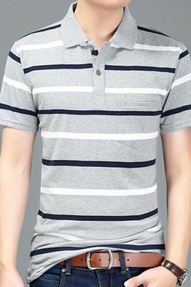Casual Stripe Print Mens Polos Short-Sleeved Chest Pocket Button Detail Lapel Collar Relaxed Fit Polos