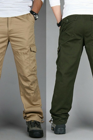 Chic Men's Pants Plain Flap Pocket Zip Detail Full Length Loose Fit Cargo Pants
