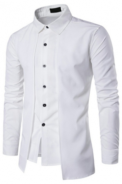 Cool Guys Shirt Solid Color Faux Twinset Panel Button Closure Collar Fitted Long-sleeved Shirt