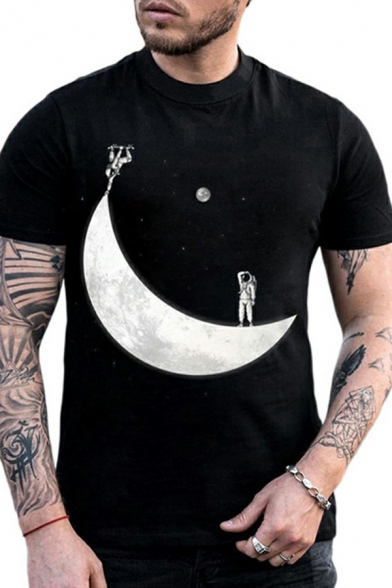 Cool Men's Moon Pattern Tee Top Crew Neck Short-Sleeved Regular Fit T-Shirt