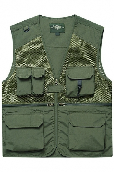 Cozy Mens Vest Solid Zip Detail Mesh Decorate V-Neck Side Pocket Relaxed Fit Vest