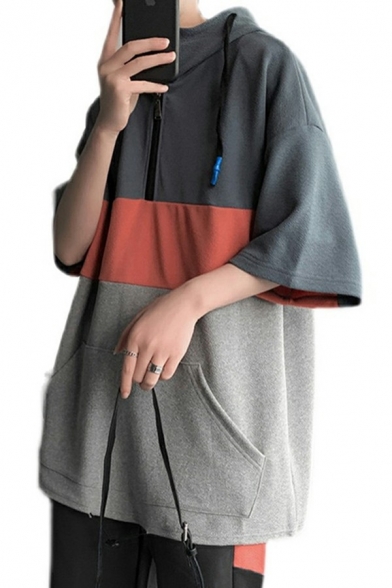 Fashion Men's Sweatshirt Color Block Kanga Pocket Half Sleeve Regular Fit Drawstring Hoodie