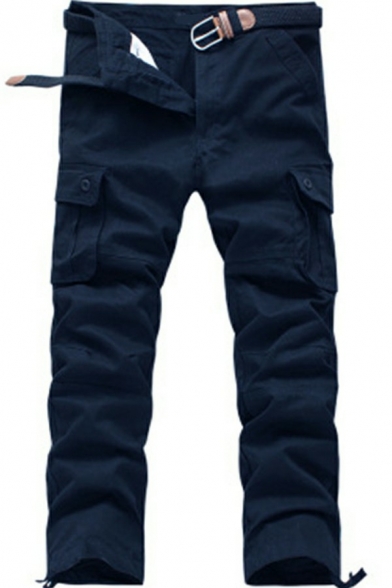 Fashionable Guy's Cargo Pants Plain Flap Pocket Mid Rise Loose Cargo Zipper Placket Cargo Pants