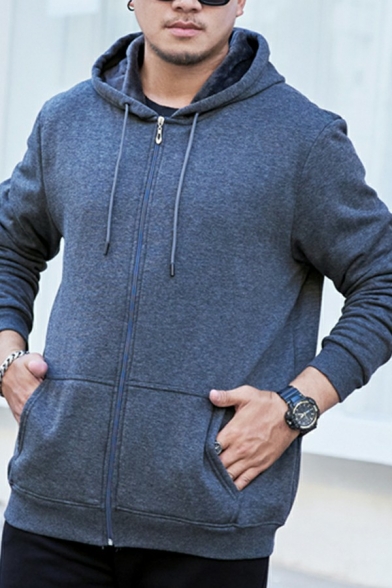 Guys Urban Plain Drawcord Pocket Decorate Zipper Fly Long Sleeves Relaxed Fit Hoodie