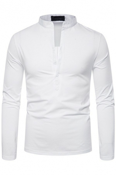 Men Basic Designed T-Shirt Solid Notch Collar Button Closure Long Sleeve Regular Fit T-Shirt