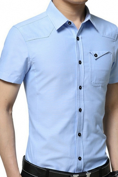Men Edgy Shirt Solid Pocket Designed Button Closure Turn-down Collar Short-sleeved Loose Shirt