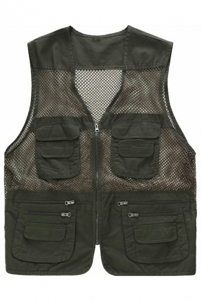 Men Edgy Vest Solid Color Pocket Zip-up Mesh Decorate V-Neck Loose Fit Vest