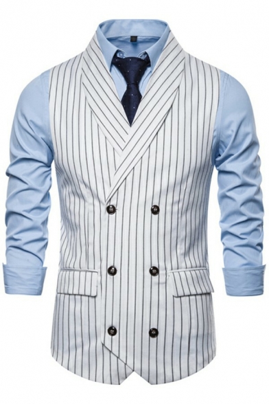 Men Metrosexual Suit Vest Stripe Patterned Pocket Double Breasted Turn-down Collar Regular Suit Vest
