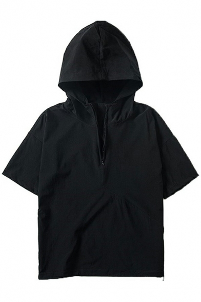 Men Popular Hoodie Solid Half Zip Placket Mid Sleeve Regular Fit Men's Hoodie