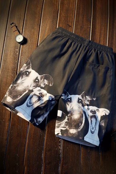 Men's Trendy Shorts Dog Printed Elasticated Waist with Drawstring Pocket Detail Regular Fitted Shorts