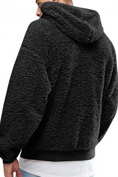 Men Soft Hoodie Solid Color Plush Drawcord Kangaroo Pocket Long Sleeves Loose Hoodie