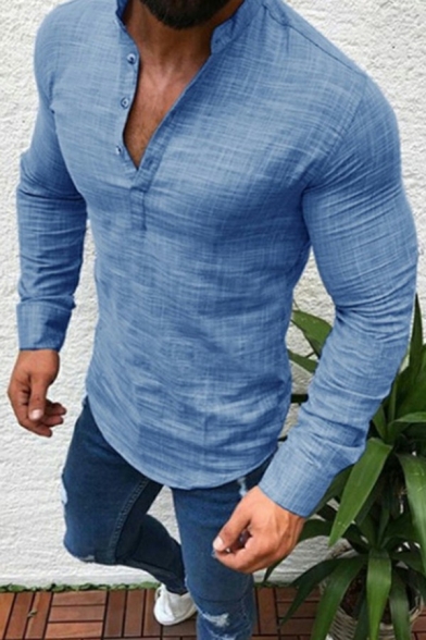 Men Trendy Shirt Solid Henley Collar Long Sleeves Slim Fit Shirt