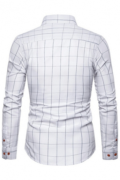 Men Unique Shirt Plaid Print Button-down Collar Long Sleeves Relaxed Shirt