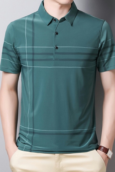 Mens Casual Polo Shirt Color Block Stripe Pattern Short-Sleeved Turn Down Collar Regular Fitted Polo Shirt