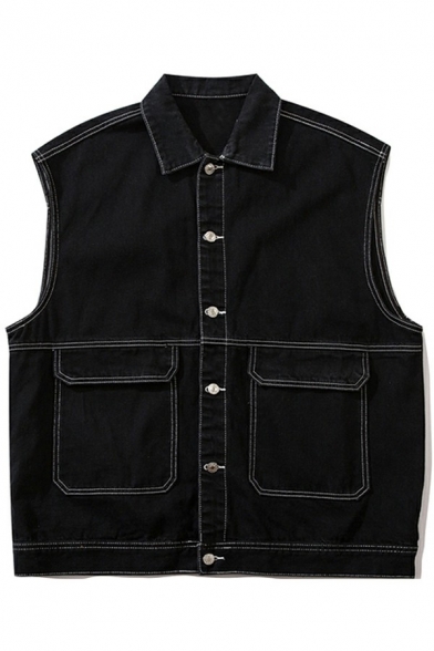 Oversized Guys Vest Turn-down Collar Button Placket Side Pocket Baggy Vest