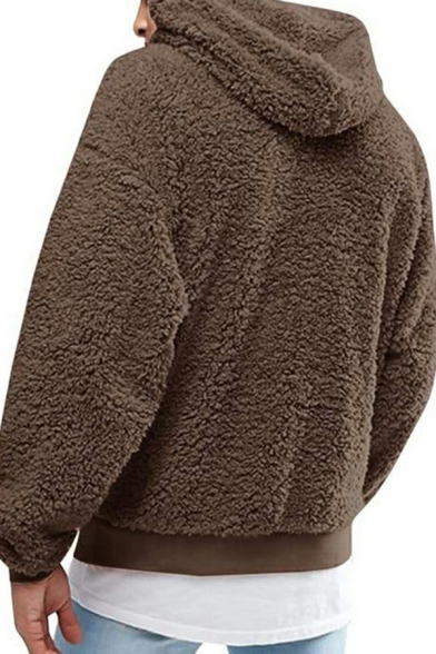 Popular Guys Hoodie Pure Color Drawstring Decorated Long-sleeved Front Pocket Regular Fleece Hoodie
