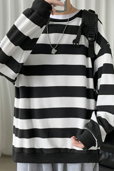 Popular Mens Sweatshirt Vertical Striped Print Long Sleeves Round Neck Loose Fit Sweatshirt