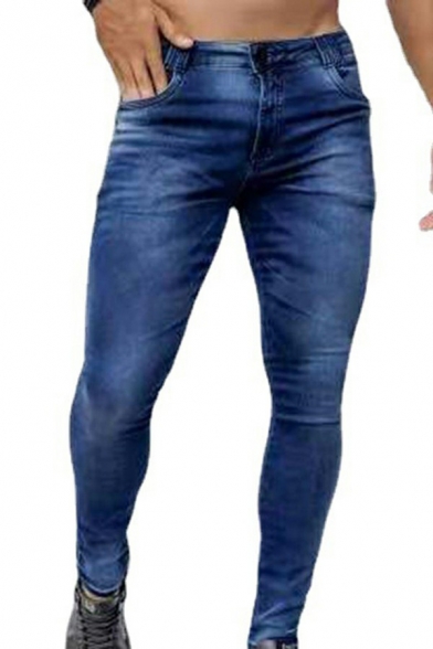 Simple Jeans Plain Washed Effect Mid-Rise Zip Closure Skinny-Fit Full Length Jeans for Men
