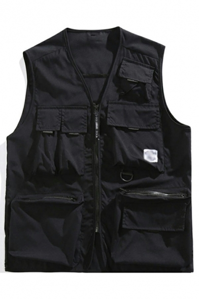 Street Look Mens Vest Pure Color Pocket Designed Regular Fitted Zip Placket Vest Top