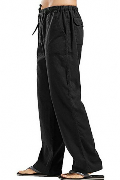 Stylish Men Pants Solid Color Pocket Designed Mid Rise Drawstring Pants
