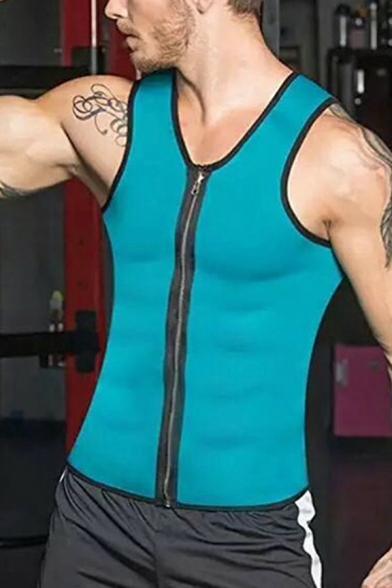 Trendy Mens Tank Top Color Block Zip Fly Crew Neck Sleeveless Slim Fitted Tank Top
