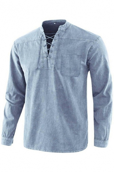 Unique Shirts Pure Color Lace-up Front Stand Collar Long Sleeve Chest Pocket Relaxed Fit Shirts for Men
