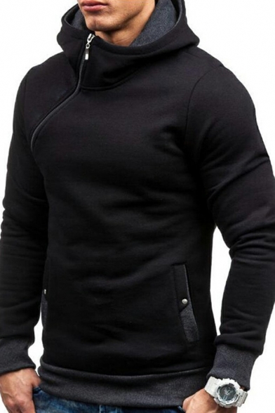 Vintage Men's Hoodie Contrast Stripe Oblique Zipper Decoration Long Sleeve Loose Hooded Hoodie