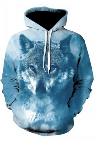 Casual Mens Hoodie 3D Wolf Print Long Sleeve Relaxed Fit Drawstring Hoodie