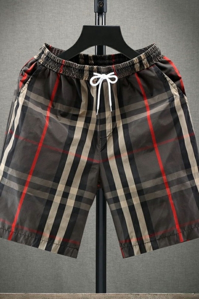 Casual Mens Shorts Plaid Printed Drawstring Elastic Waist Mid-Rised Straight Fit Shorts