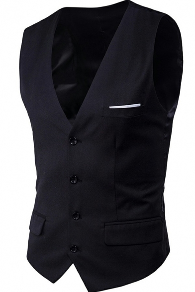 Casual Plain Color Vest V-Neck Single Breasted Sleeveless Regular Fitted Vest for Men in Black