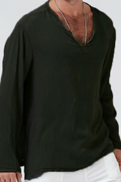 Casual Tee Top Solid Color Long Sleeve V-Neck Loose Fit Tee Top for Men