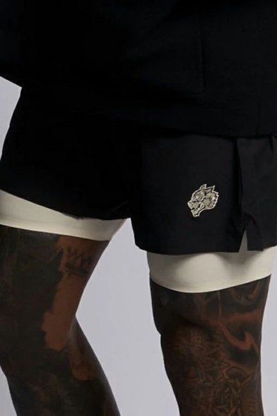 Dashing Men Shorts Solid Double Layers Elastic Drawstring Waist Mid Rise Loose Shorts for Men