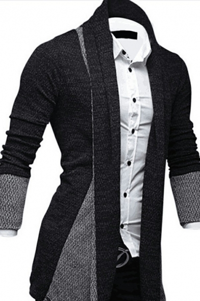 Elegant Cardigan Color Block Knitted Long Sleeved Shawl Collar Open Front Relaxed Fit Cardigan for Men