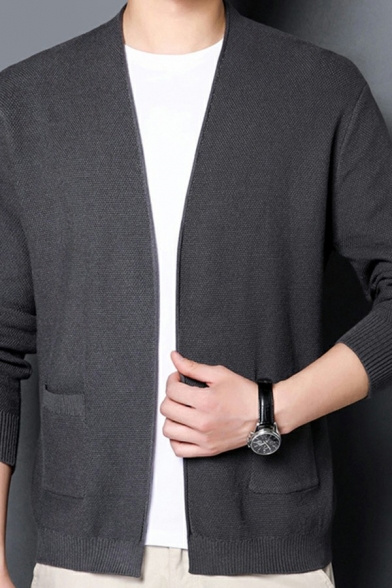 Fashionable Cardigan Solid Pocket Detail Open Front Long Sleeve Fit Cardigan for Men