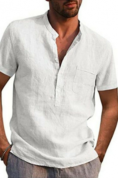 Fashionable Guys Shirt Plain Henley Collar Pocket Detailed Short Sleeves Loose Shirt
