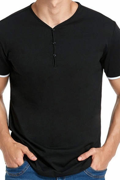 Guy's Leisure Tee Shirt Button Designed Short-sleeved V-Neck Relaxed Fit Fake Two Piece T-Shirt