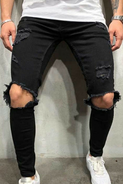 Guys Casual Jeans Plain Broken Hole Detail Zipper Mid-Rised Slimming Jeans