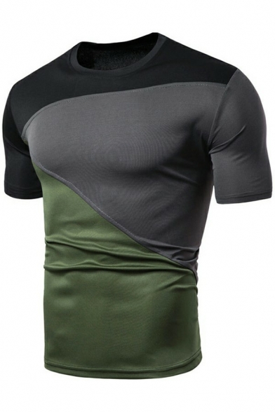 Guys Chic T-Shirt Color Panel Round Neck Short Sleeves Slim Fit T-Shirt