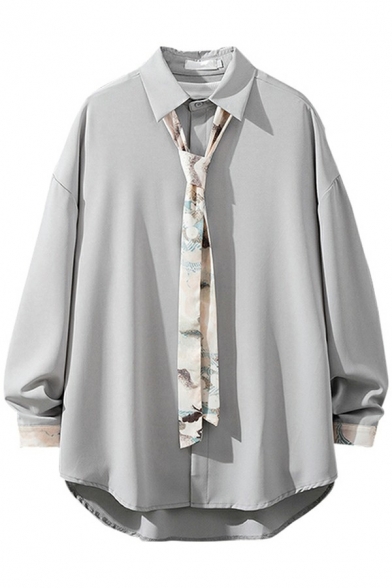Guys Stylish Shirt Contrast Panel Point Collar Long-Sleeved Button up Relaxed Fit Shirt Top