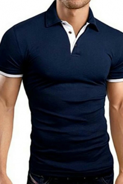 Men Classic Tee Top Contrast Trim Turn-down Collar Short Sleeves Slimming Tee Top