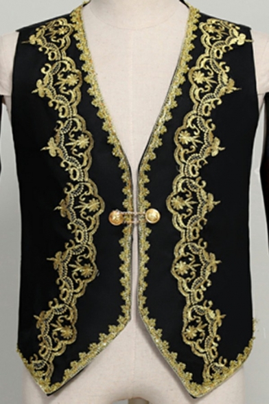 Men Dashing Blazer Vest Embroidery Printed Single Button V-Neck Regular Fitted Vest