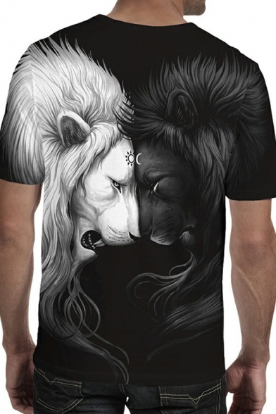 Men's Creative T-Shirt 3D Lion Pattern Round Neck Short-Sleeved Relaxed Fit T-Shirt