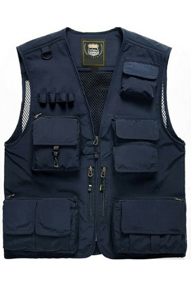 Men Smart Vest Pure Color V-Neck Flap Pocket Zip Embellished Mesh Detail Regular Vest