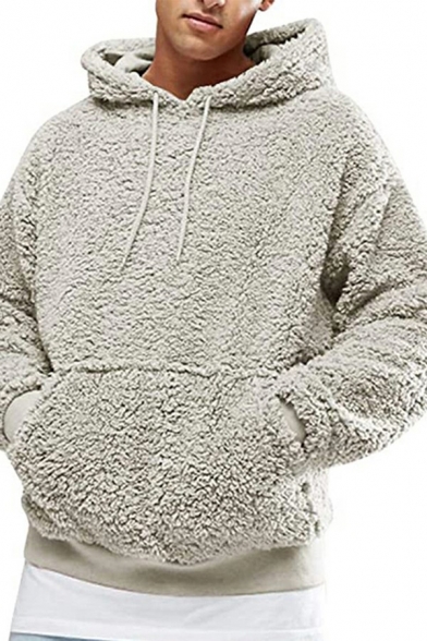 Men Soft Hoodie Solid Color Plush Drawcord Kangaroo Pocket Long Sleeves Loose Hoodie