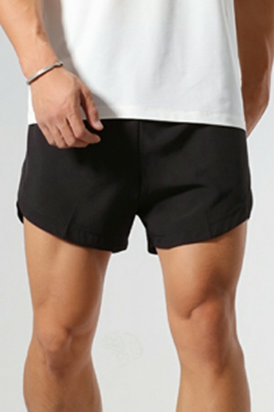 Mens Simple Shorts Pure Color Drawstring Elastic Waist Pocket Detail Straight Fitted Sport Shorts