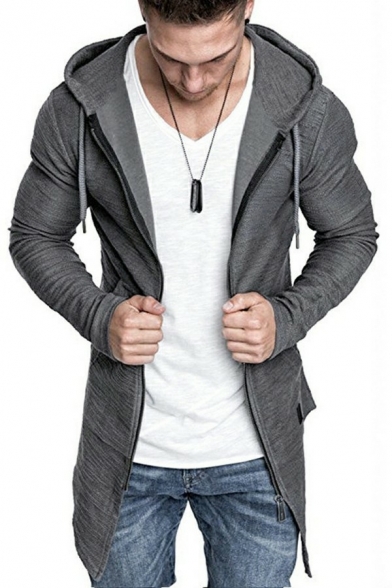 Mens Stylish Drawstring Coat Plain Color Long Sleeve Tunic Regular Fit Coat with Hooded
