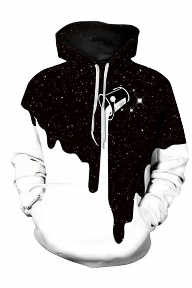 Novelty Guys Hoodie 3D Black and White Galaxy Pattern Big Pocket Loose Fitted Long-Sleeved Hooded Hoodie