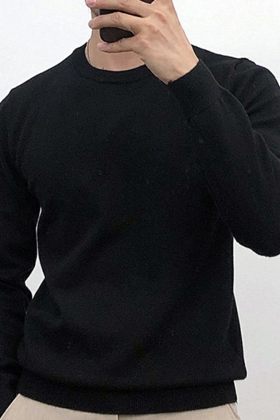 Simple Men's Sweater Solid Color Round Collar Long Sleeves Slim Pullover