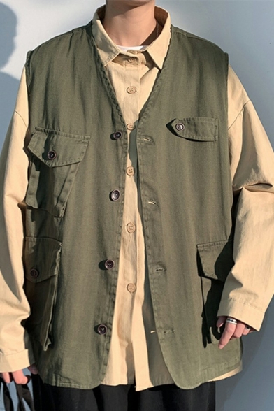Snazzy Vest Pure Color Button Placket Pocket Detailed Loose Fit Vest for Men