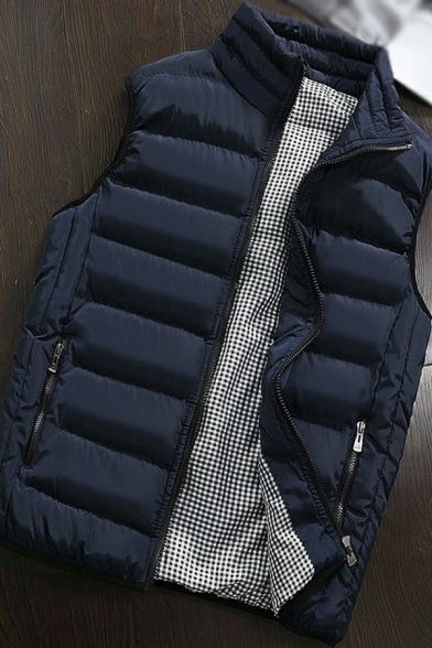 Soft Waistcoat Plain Stand Collar Zip Placket Regular Fit Thick Waistcoat for Men